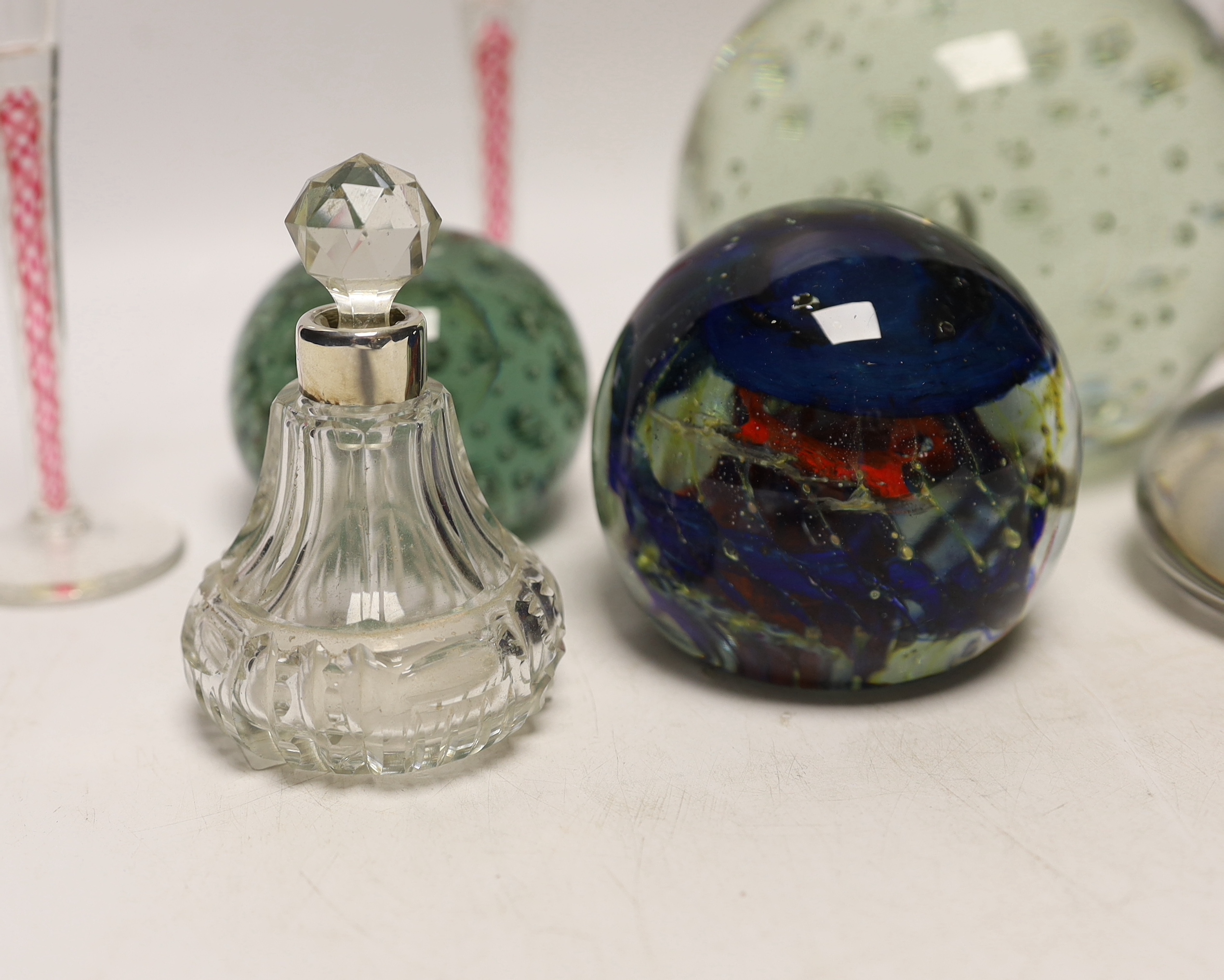 A glass dump, four paperweights, three airtwist glasses, 15cm, a scent bottle and an ink stand